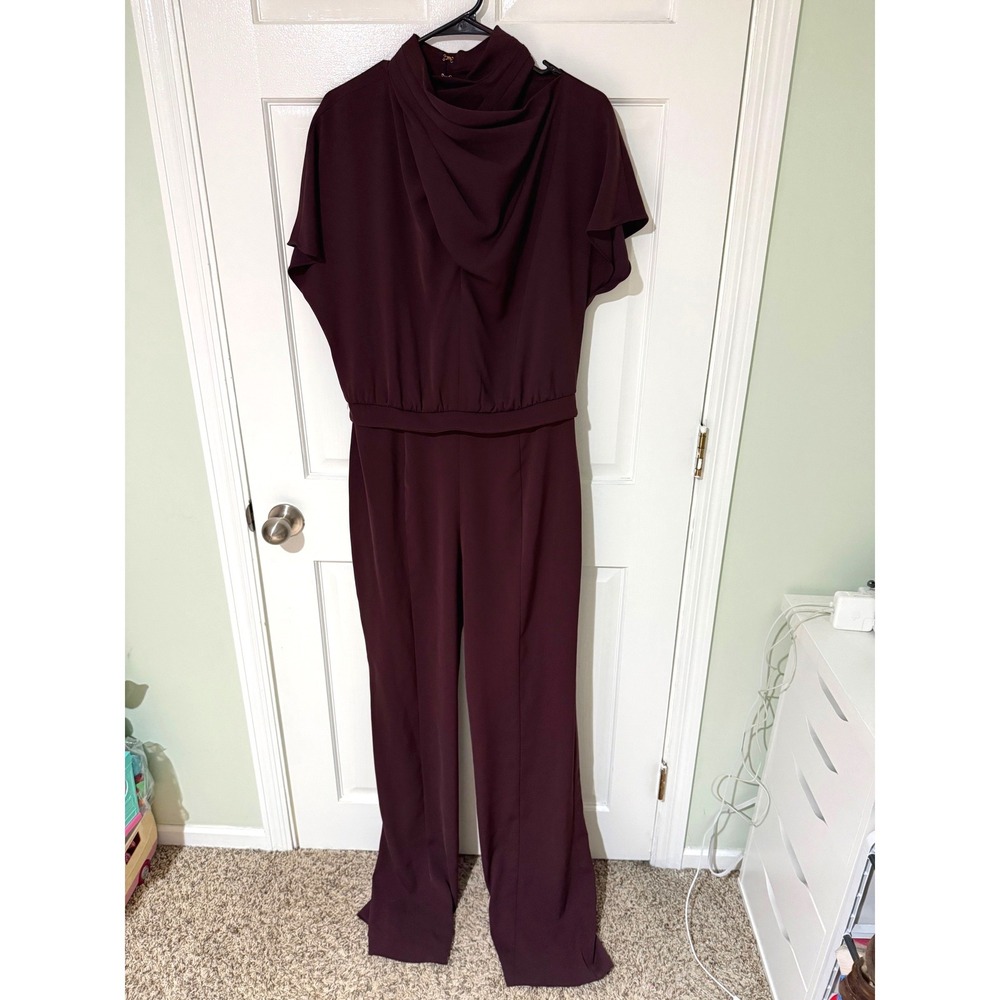 Black Halo Burgundy Draped Cowl Neck Short Sleeve Straight Leg Jumpsuit Size 12